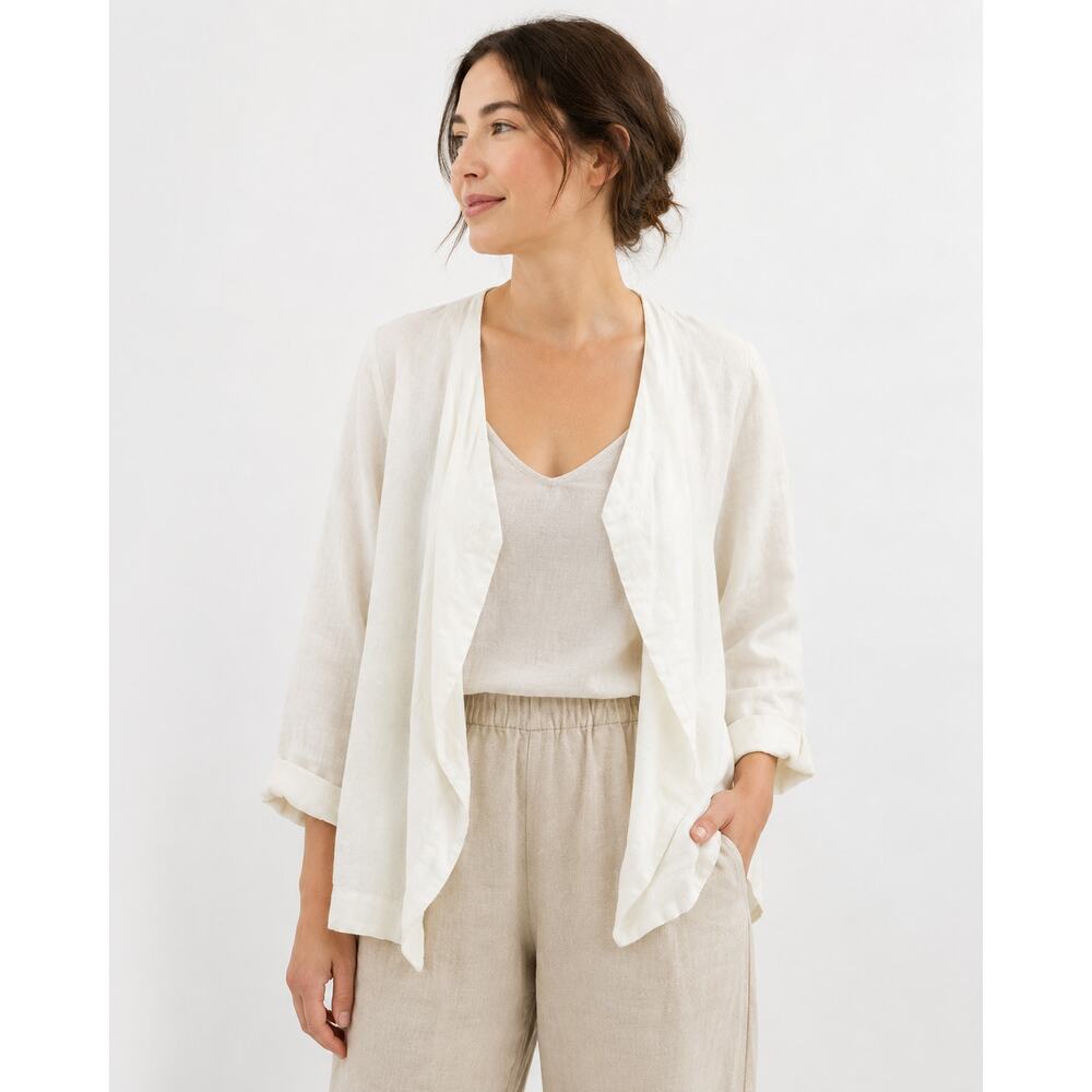 Pure Jill Women's Blouse Size XS Linen Open Front Relaxed Off White Cottagecore